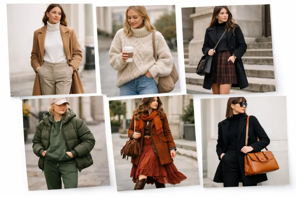 Pinterest winter uni aesthetic collage: six outfits including camel coat, chunky knit, puffer jacket, and boho layers