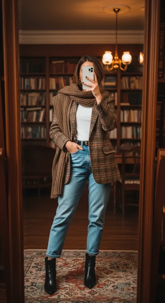 Aesthetic winter outfit ideas with jeans: plaid blazer, mom jeans, chunky scarf, and black ankle boots in a vintage bookshop