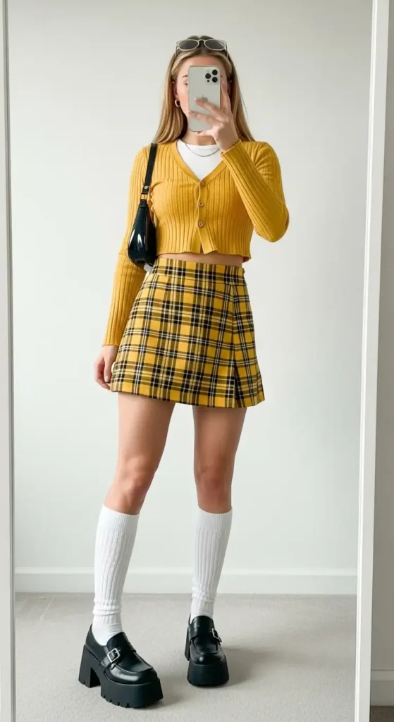 Blonde woman in yellow cardigan with plaid mini skirt, knee-high socks and platform shoes for Party Outfit Ideas of 90s Style.