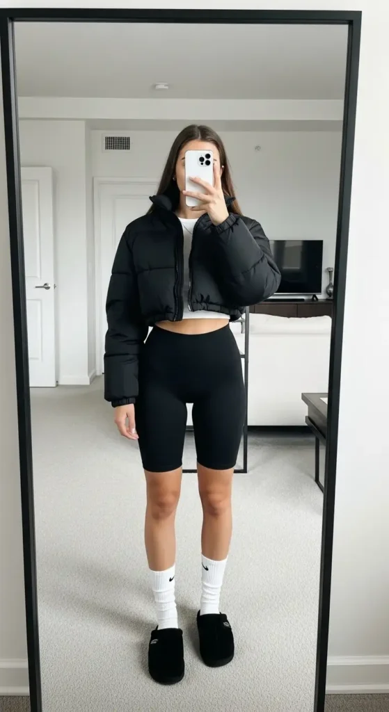 Woman in black puffer jacket and biker shorts with Black Ugg Outfit Ideas Tasman slippers.
