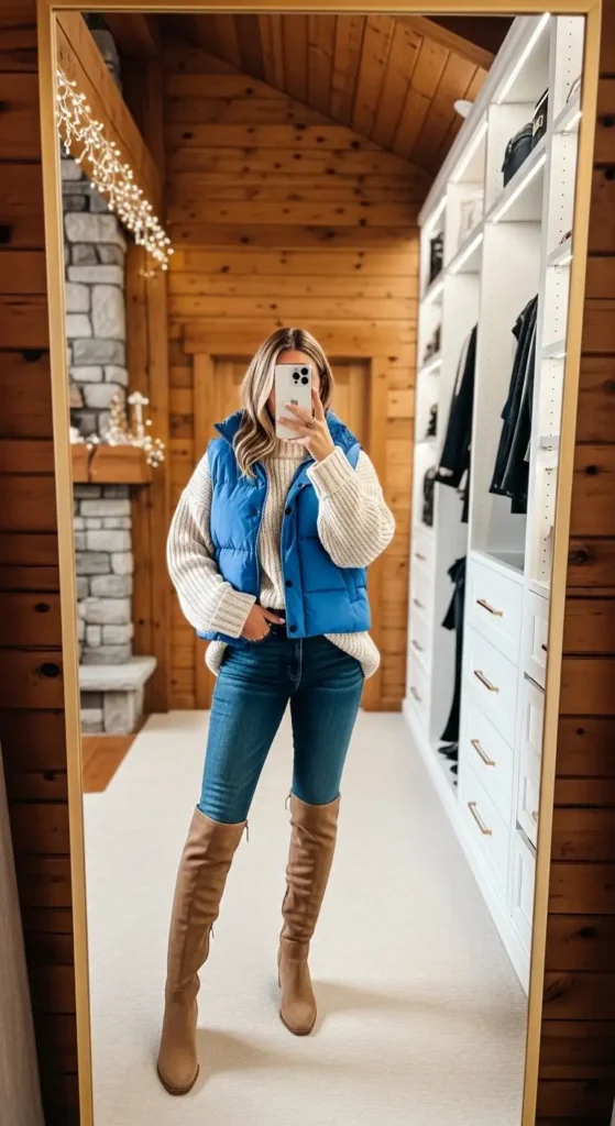 Aesthetic winter outfit ideas with jeans: cobalt puffer vest, skinny jeans, and tall boots in a cozy cabin closet