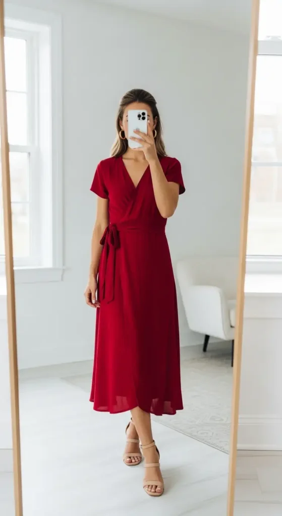 Birthday Photo Shoot Outfit Ideas mirror selfie in a bold red wrap midi dress with nude block heels