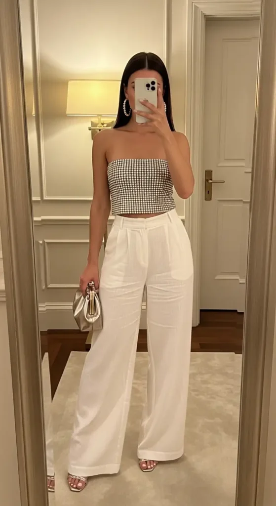 Tropical Y2K Outfit Ideas: rhinestone-studded tube top with wide-leg white linen pants and heels