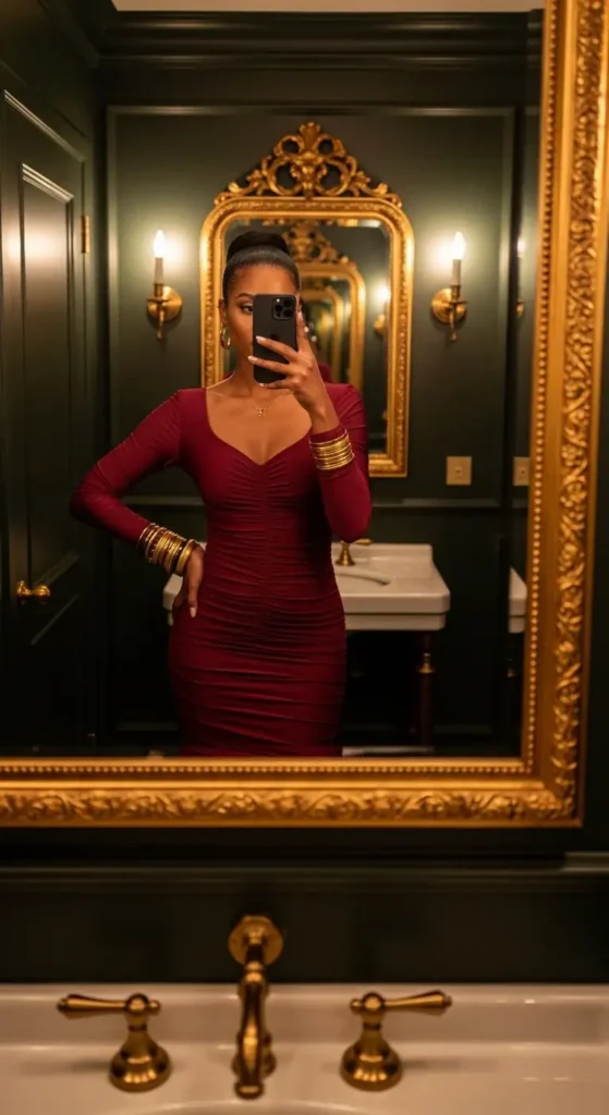 Deep wine ruched bodycon dress birthday brunch outfit idea for Black women with gold bangles in a moody mirror selfie