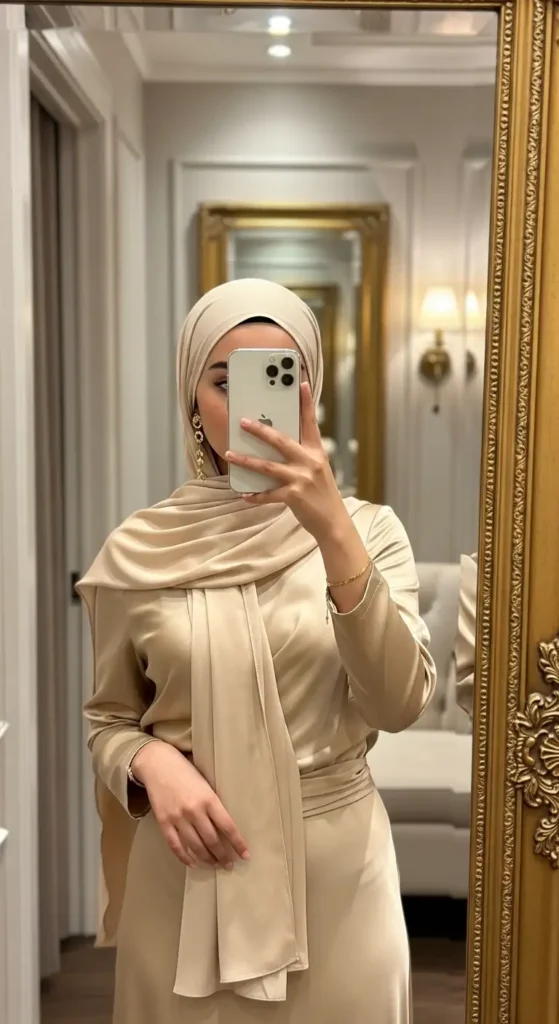 Sophisticated beige satin maxi dress with draped hijab and gold jewelry – Birthday Girl Outfit Ideas With Hijab.