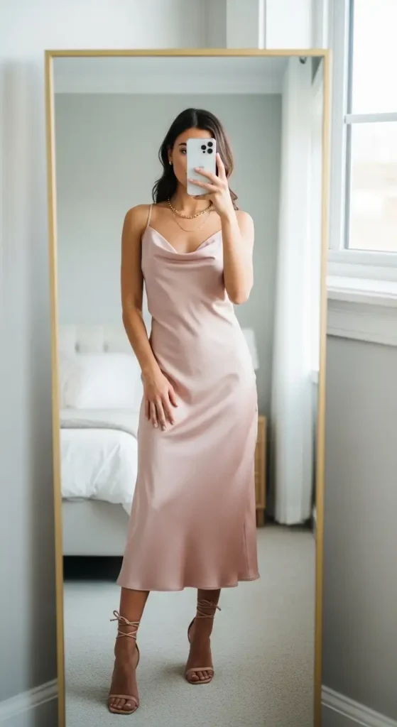 Blush satin slip dress mirror selfie — an elegant pink birthday photo shoot outfit idea styled with lace-up heels