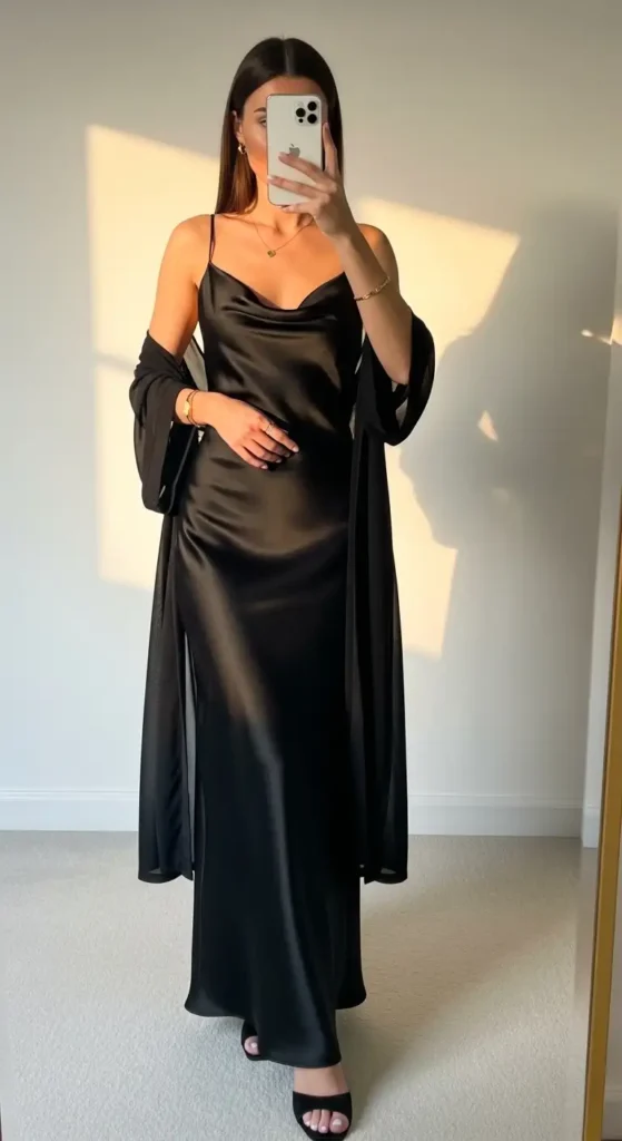 Black satin slip maxi dress with sheer wrap — an elegant Black Birthday Photo Shoot Outfit Idea.