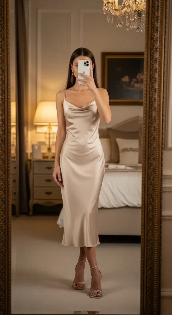 Birthday Photo Shoot Outfit Ideas mirror selfie in a champagne cowl-neck satin slip dress with heels