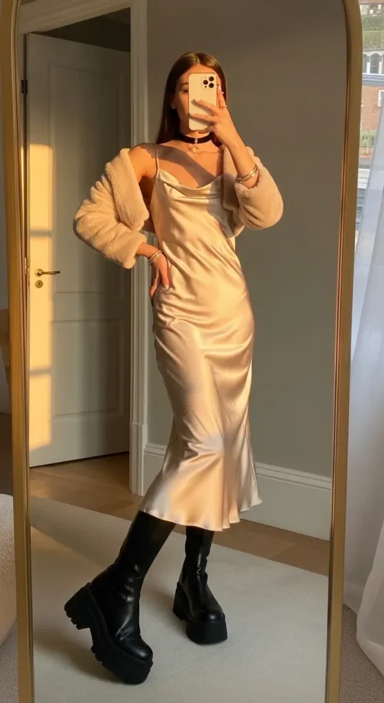 Mirror selfie of a woman in a beige satin slip dress with black platform boots, showcasing Y2K Party Outfit Ideas for Women.