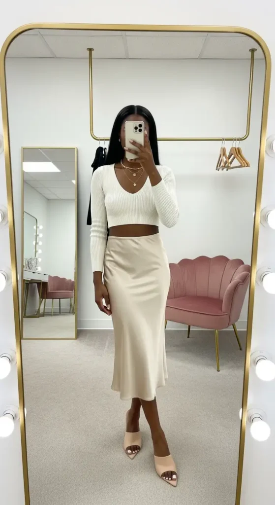 Champagne satin slip skirt and knit crop top birthday brunch outfit idea for Black women in dressing room selfie