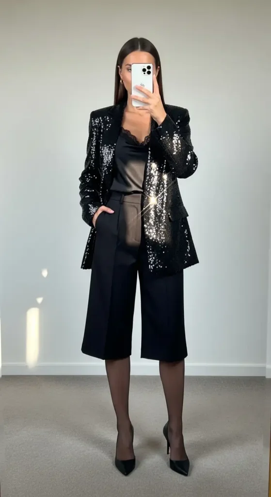Black sequin blazer over satin top with culottes and heels — a glam Black Birthday Photo Shoot Outfit Idea.
