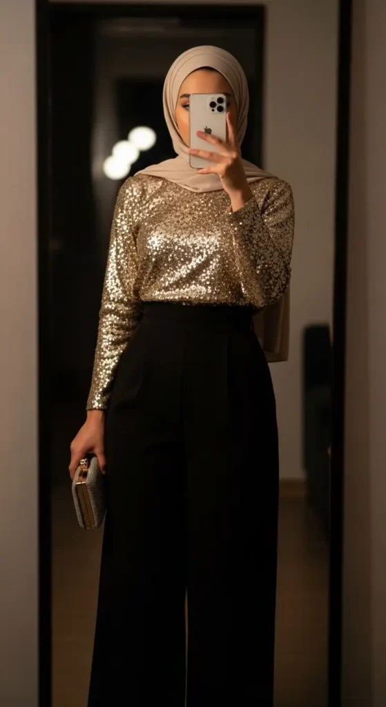 Sparkling gold sequin top with black palazzo pants and beige hijab – Birthday Girl Outfit Ideas With Hijab.