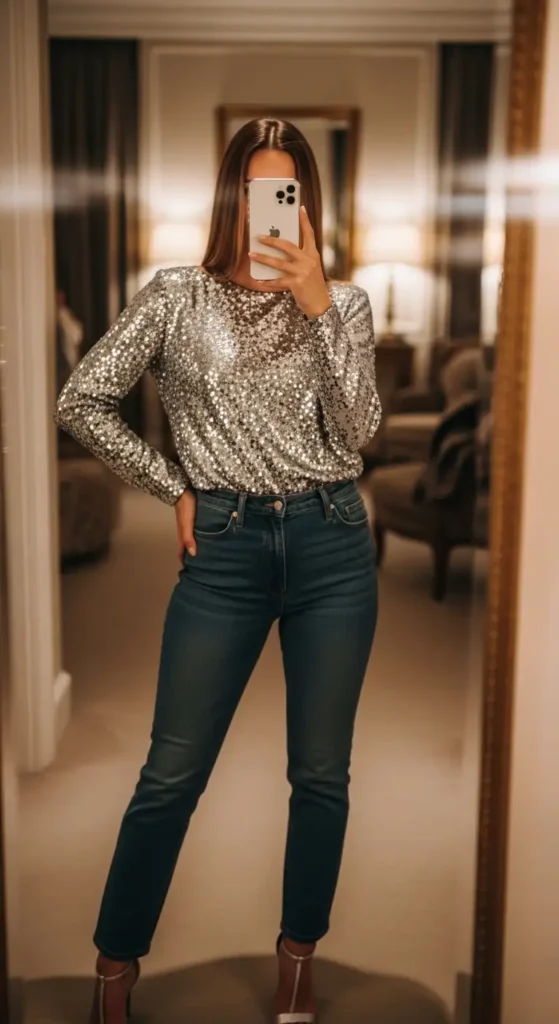 Woman in sparkling silver sequin top with dark straight-leg jeans for Party Outfit Ideas of 90s Style.