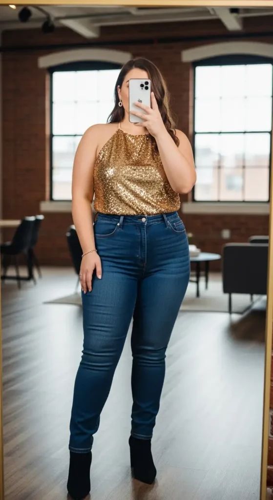 Gold sequin halter top with high-waisted jeans — a glam birthday photo shoot outfit for plus size women.
