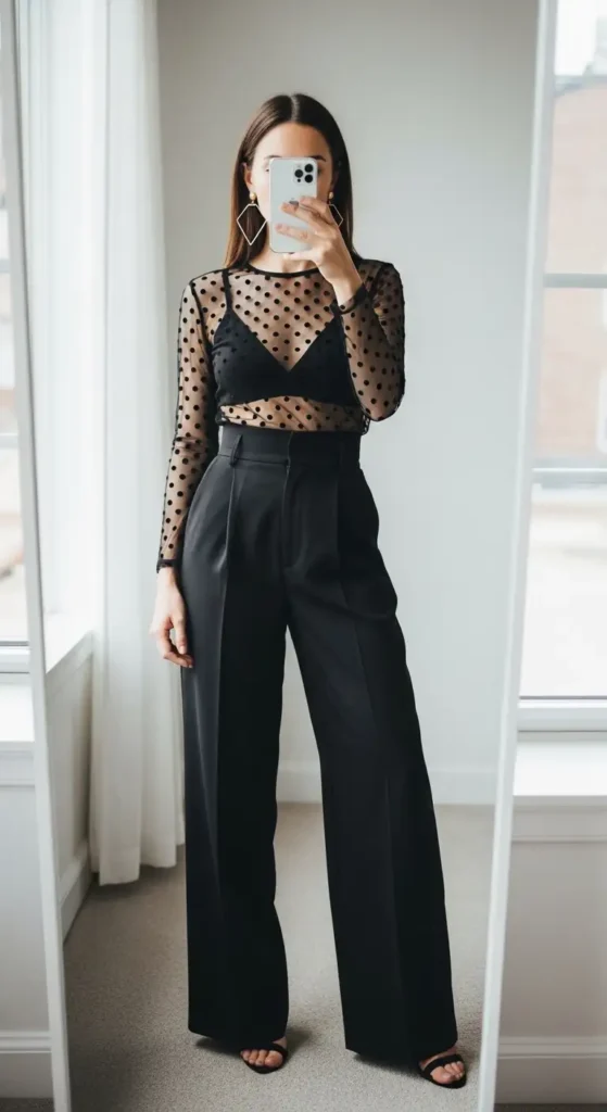 Sheer polka-dot mesh top over bralette with wide-leg trousers — a trendy Black Birthday Photo Shoot Outfit Idea.
