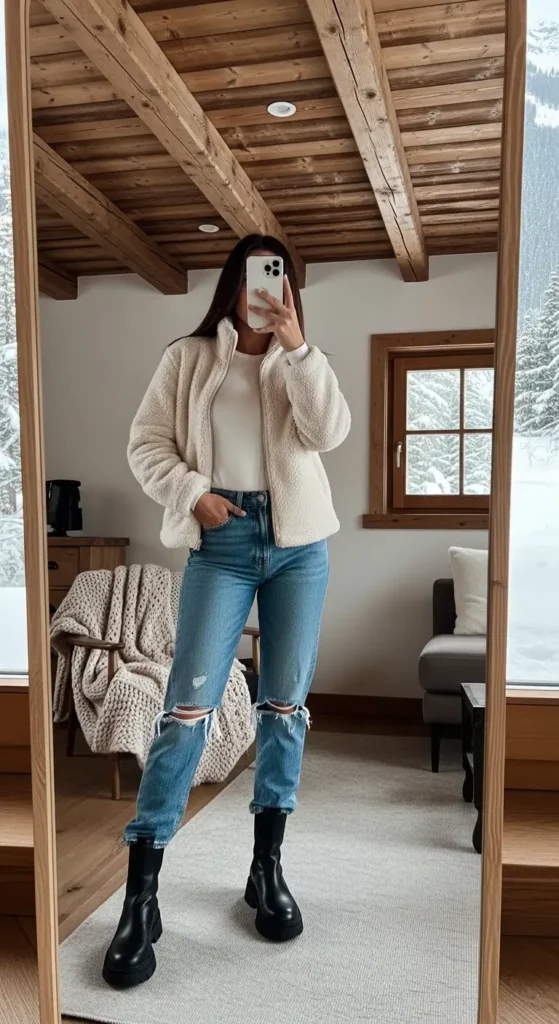 Aesthetic winter outfit ideas with jeans: cream sherpa jacket, distressed jeans, and black lug boots in a mountain chalet