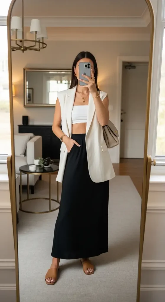 Casual black long skirt outfit idea for summer — ivory sleeveless linen blazer, white bandeau, tan mules