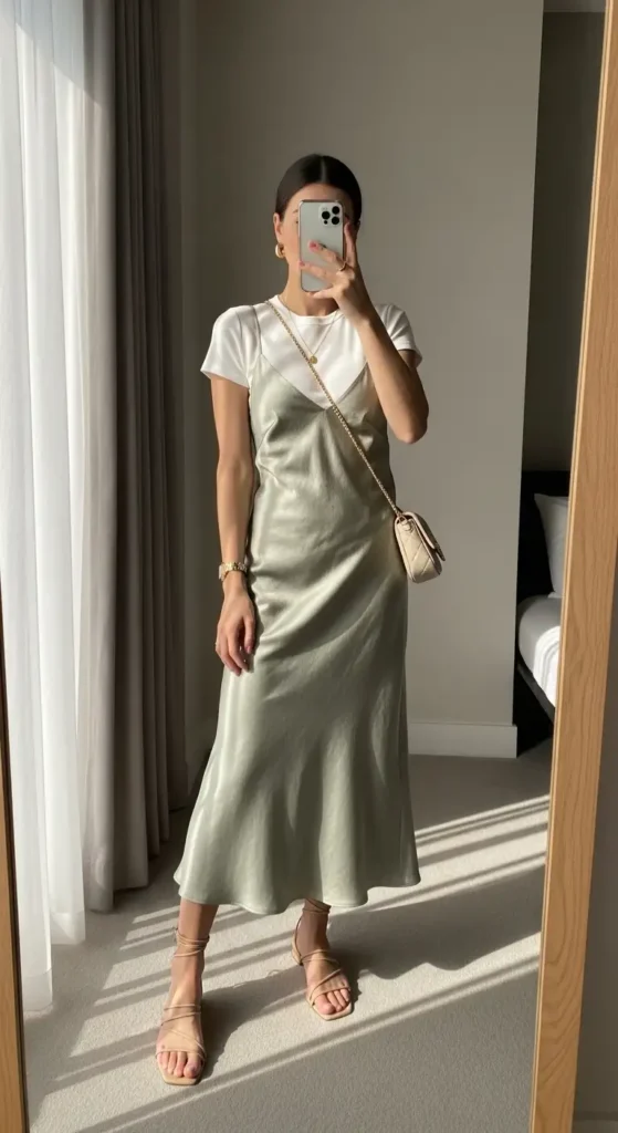 Mirror selfie showing a casual and classy aesthetic summer outfit — sage satin slip dress layered over a white tee
