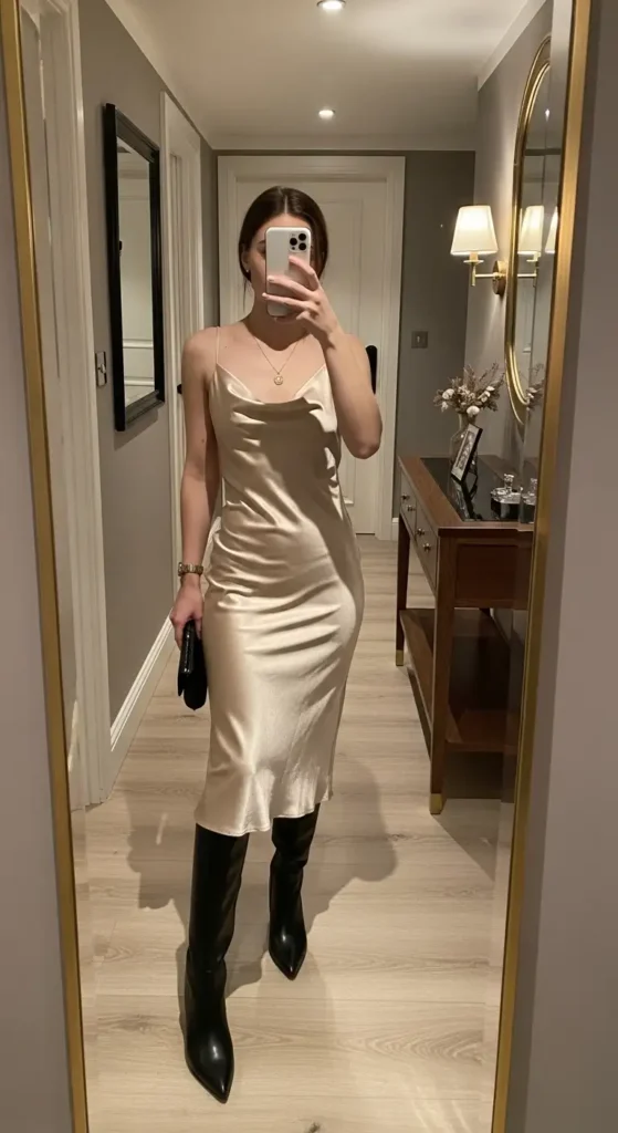 Satin slip dress and high boots: chic Early 2000s Outfit Ideas.