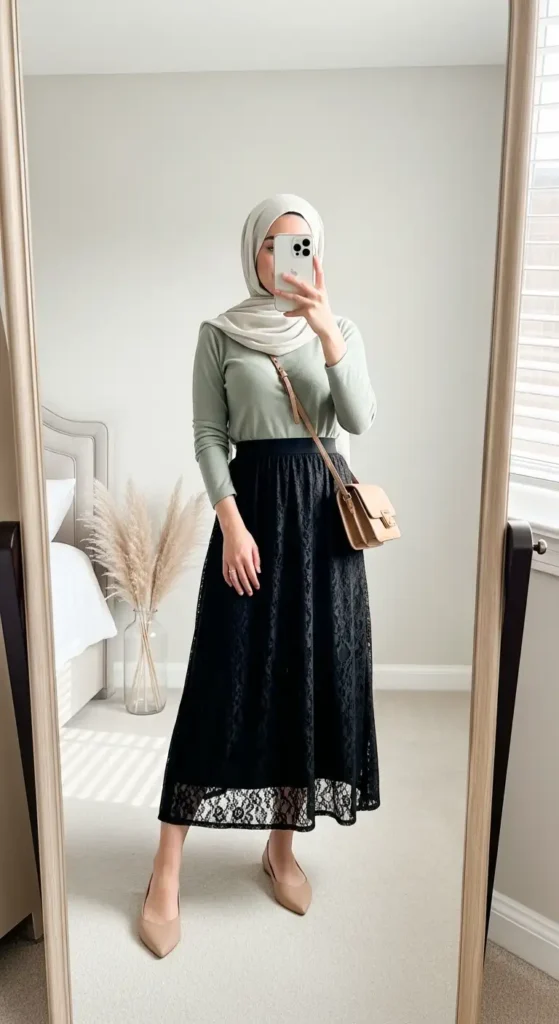 Sage green top with black lace midi skirt hijab look — 10 Black Lace Skirt Outfit Ideas with Hijab