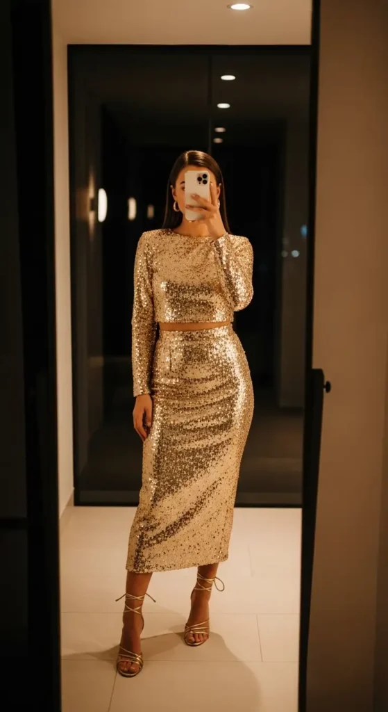 Birthday Photo Shoot Outfit Ideas mirror selfie in a gold sequin long-sleeve crop top and midi skirt