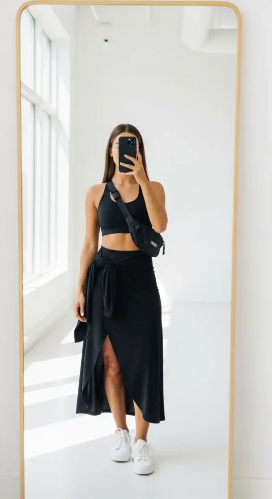 Mirror selfie of a casual black long skirt outfit idea for summer — black sports bra, wrap skirt, sneakers