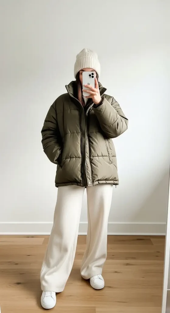 Sporty-luxe winter uni aesthetic mirror selfie: olive puffer jacket, cream wide-leg joggers, white sneakers, beanie