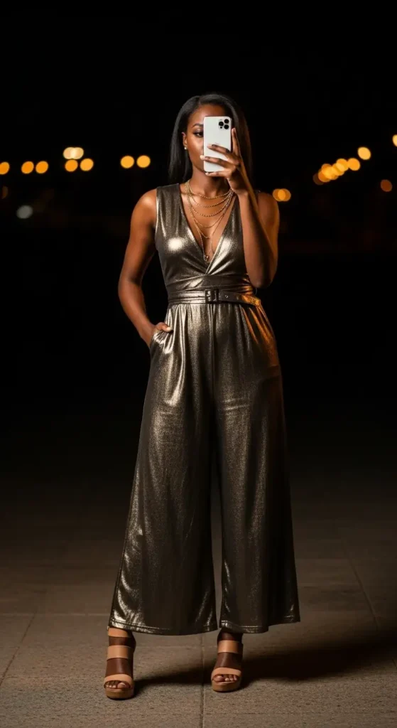 Metallic gold wide-leg jumpsuit for Birthday Girl Outfit Ideas for Black Women