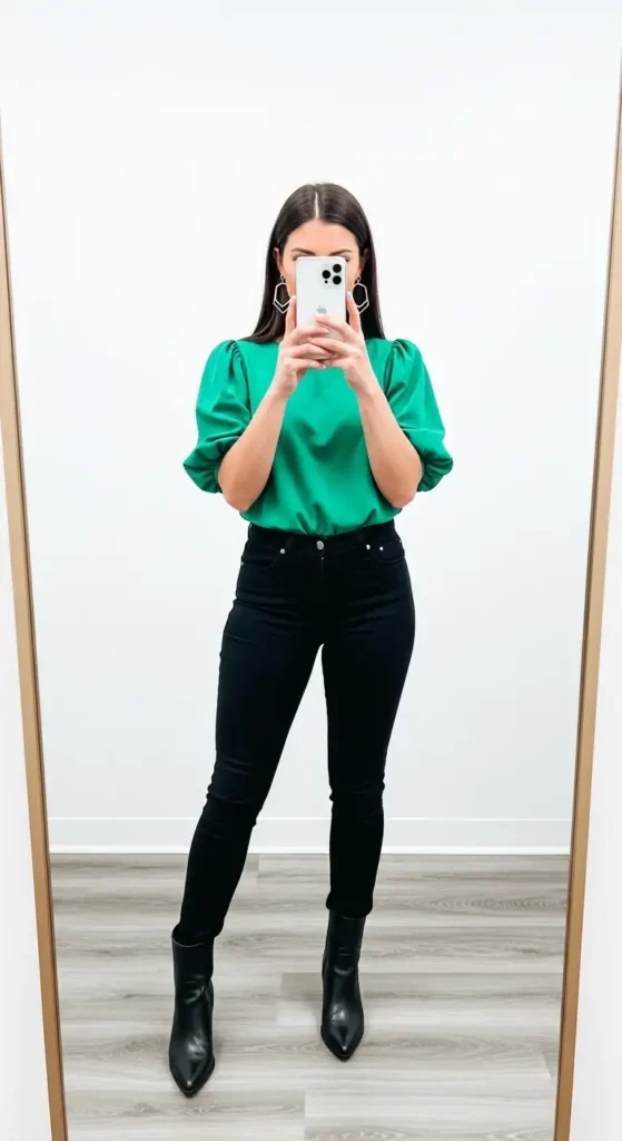 Statement birthday photo shoot outfit with jeans — emerald puff-sleeve top, black skinny jeans, and ankle boots