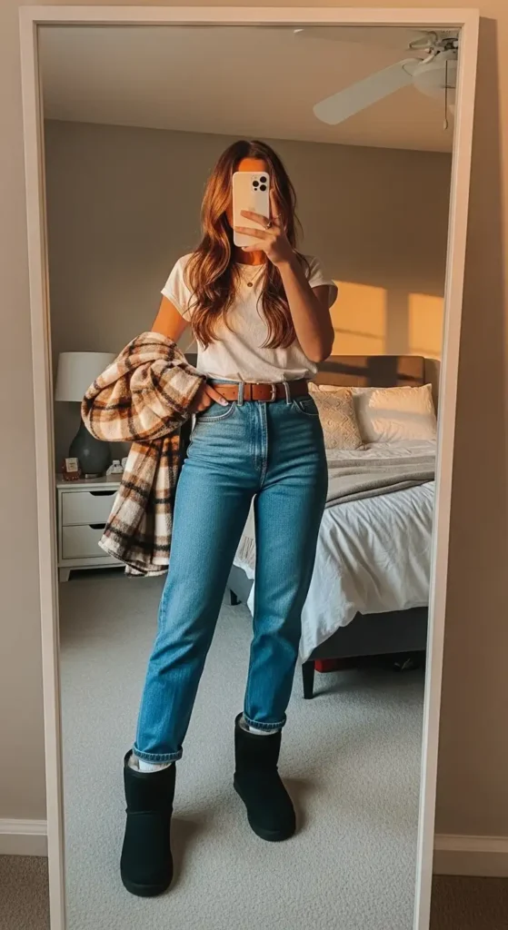 Woman in white tee, plaid shirt, and blue jeans with Black Ugg Outfit Ideas Ugg boots.