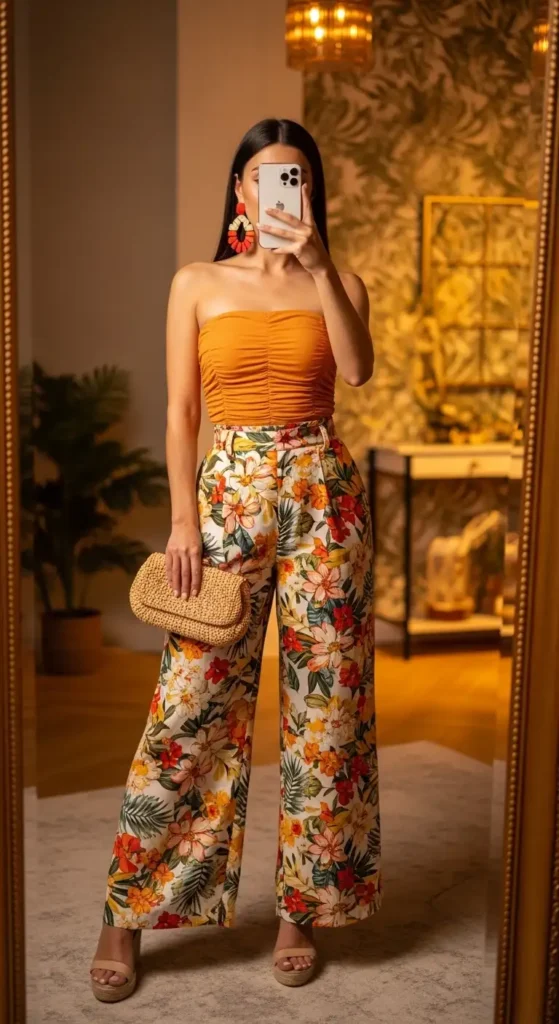 Tropical Y2K Outfit Ideas: orange strapless ruched top with floral palazzo pants and wedge heels