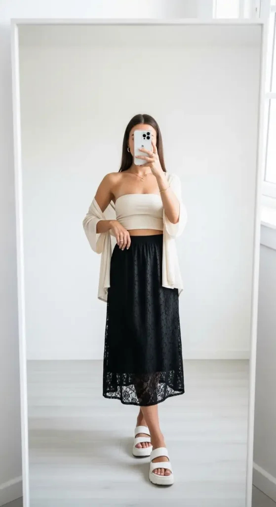 Mirror selfie with cream bandeau top and open cardigan as a black lace skirt outfit idea for summer
