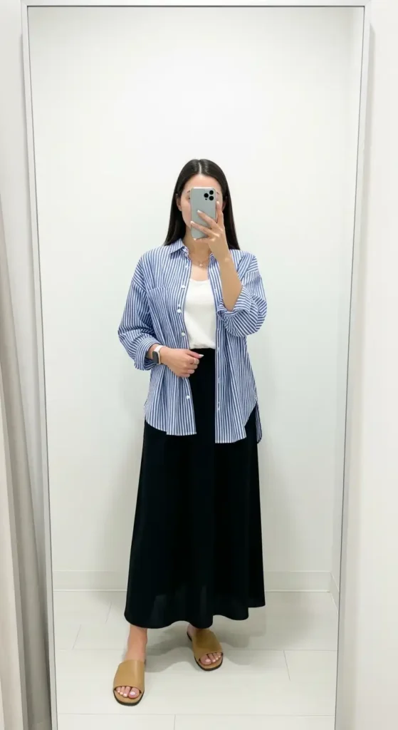 Casual black long skirt outfit idea for summer — blue striped shirt over white cami with tan slide sandals