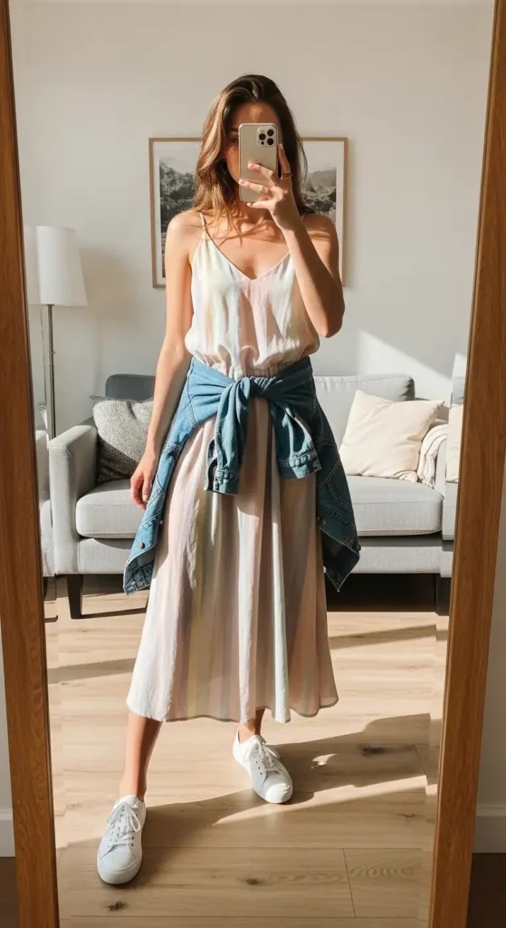 Mirror selfie of a casual and classy aesthetic outfit for summer — flowy sundress with a denim jacket tied at the waist
