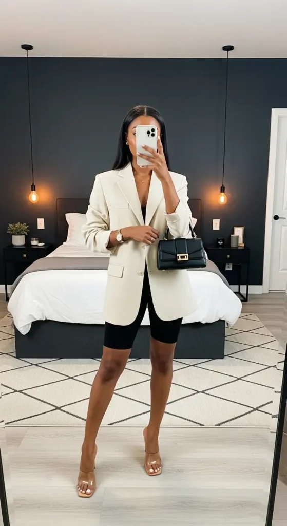 Cream oversized blazer with biker shorts birthday brunch outfit idea for Black women in a dark bedroom mirror selfie