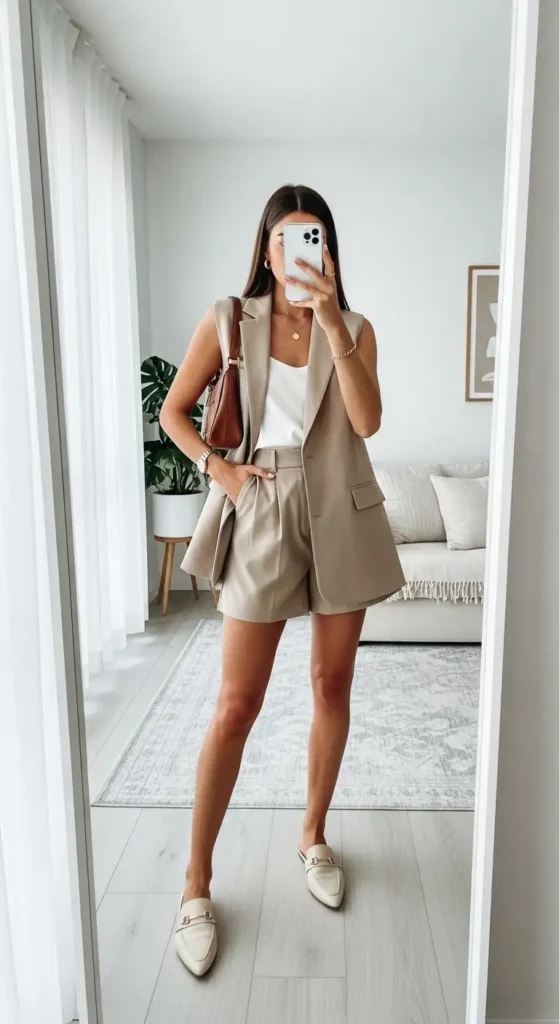 Mirror selfie of a casual and classy aesthetic summer outfit — tailored shorts with a sleeveless blazer and loafer mules
