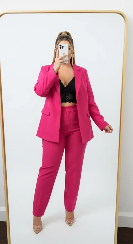 Hot pink power suit with lace bralette — a bold birthday photo shoot outfit idea for plus size women
