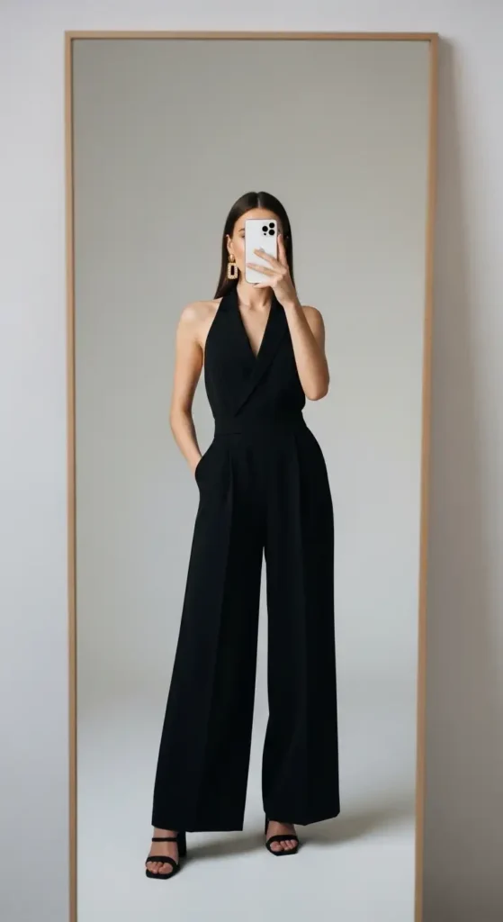 Stylish woman wearing a black halter wide-leg jumpsuit for mirror selfie in Birthday Girl Outfit Ideas for Women.