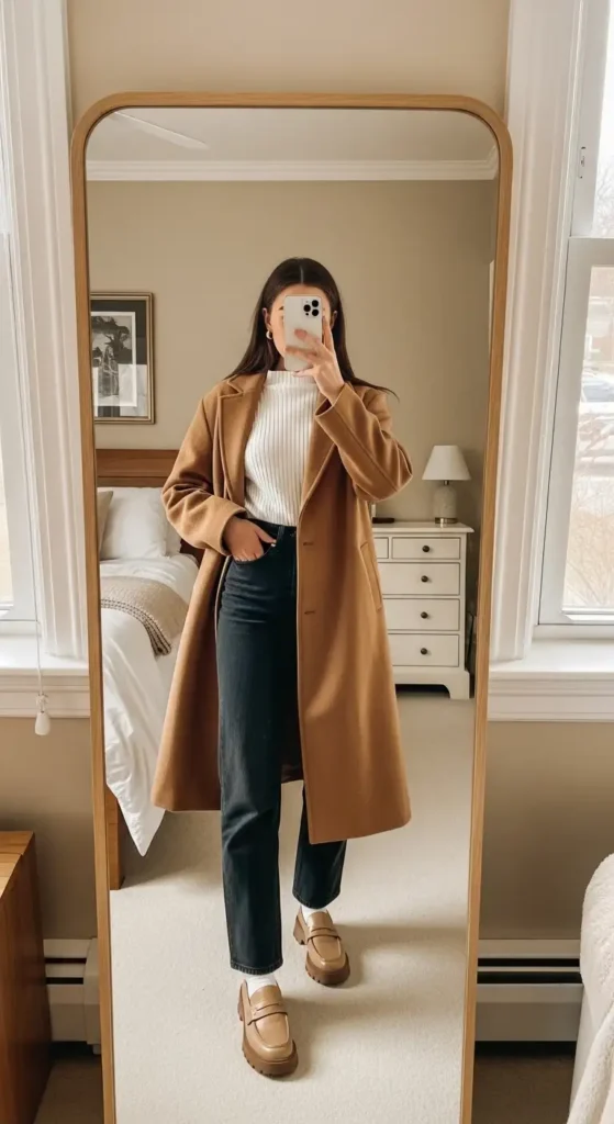 Classic library girl winter uni aesthetic mirror selfie: camel coat, white ribbed turtleneck, dark jeans, loafers