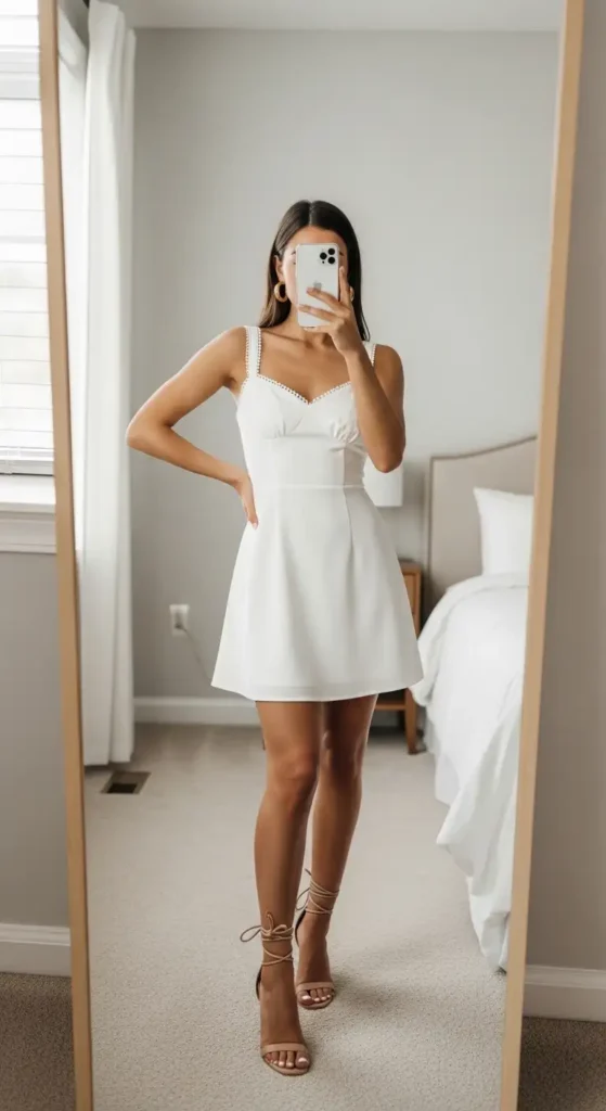 Boho woman in a white lace maxi dress and hat for outdoor Birthday Girl Outfit Ideas for Women.