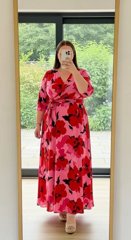 Bold floral maxi wrap dress — a vibrant birthday photo shoot outfit idea designed for plus size women.