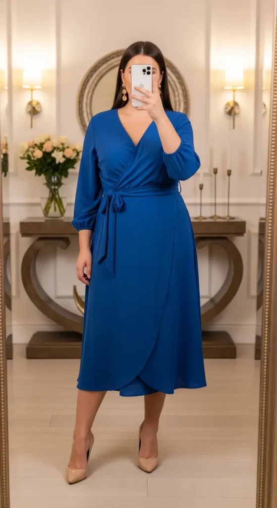 Royal blue midi wrap dress — an elegant birthday photo shoot outfit idea designed for plus size women.
