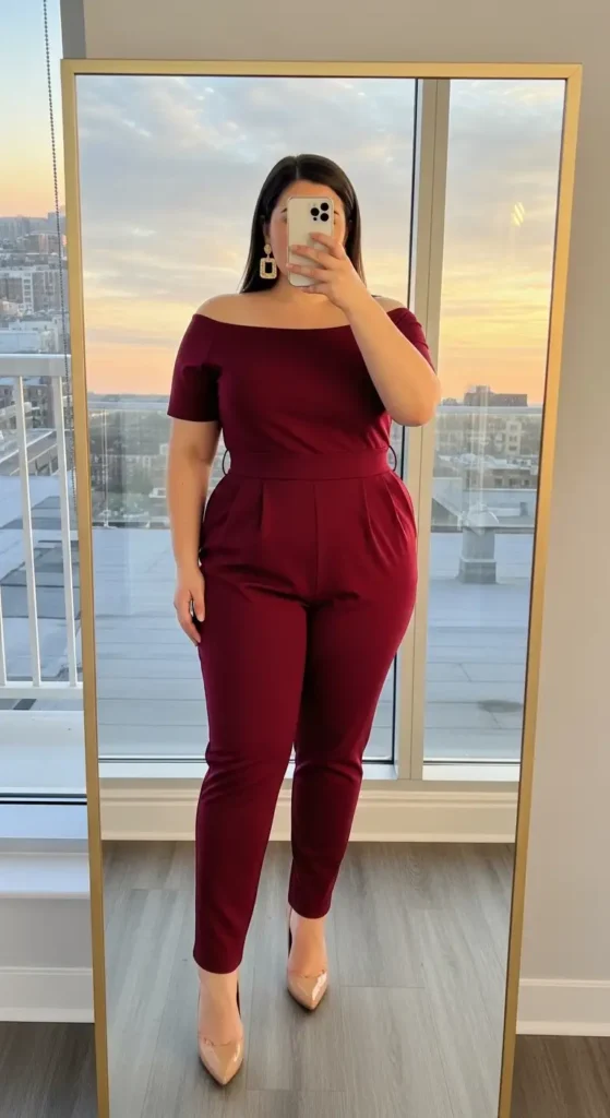 Burgundy off-shoulder jumpsuit — a sleek birthday photo shoot outfit idea designed for plus size women