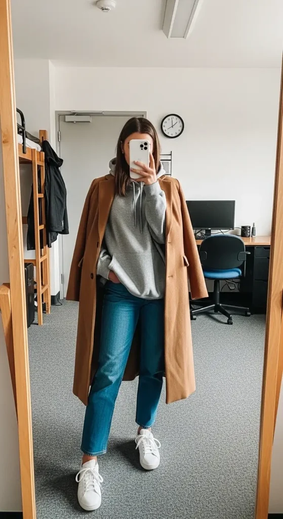 Effortless winter uni aesthetic mirror selfie: gray hoodie under camel longline coat, blue jeans, white sneakers