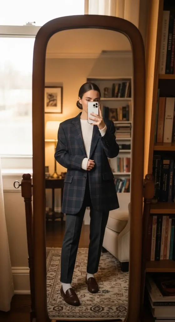 Polished winter uni aesthetic mirror selfie: navy plaid blazer, cream ribbed knit, slim trousers, brown loafers