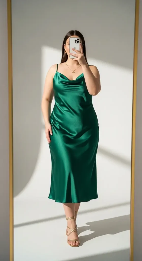 Emerald green satin slip dress — a stunning birthday photo shoot outfit idea for plus size women
