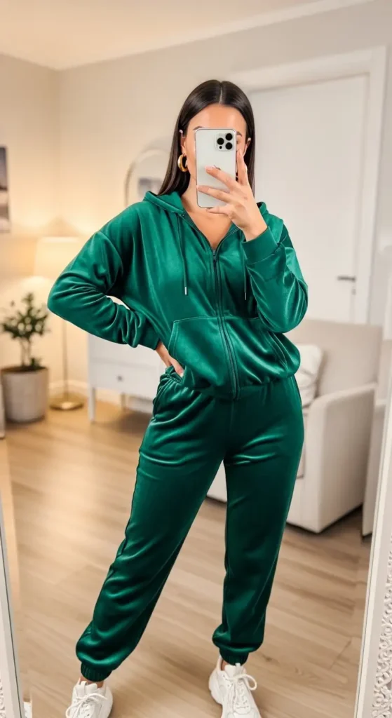 Woman in luxurious emerald green velvet tracksuit with white sneakers for Party Outfit Ideas of 90s Style
