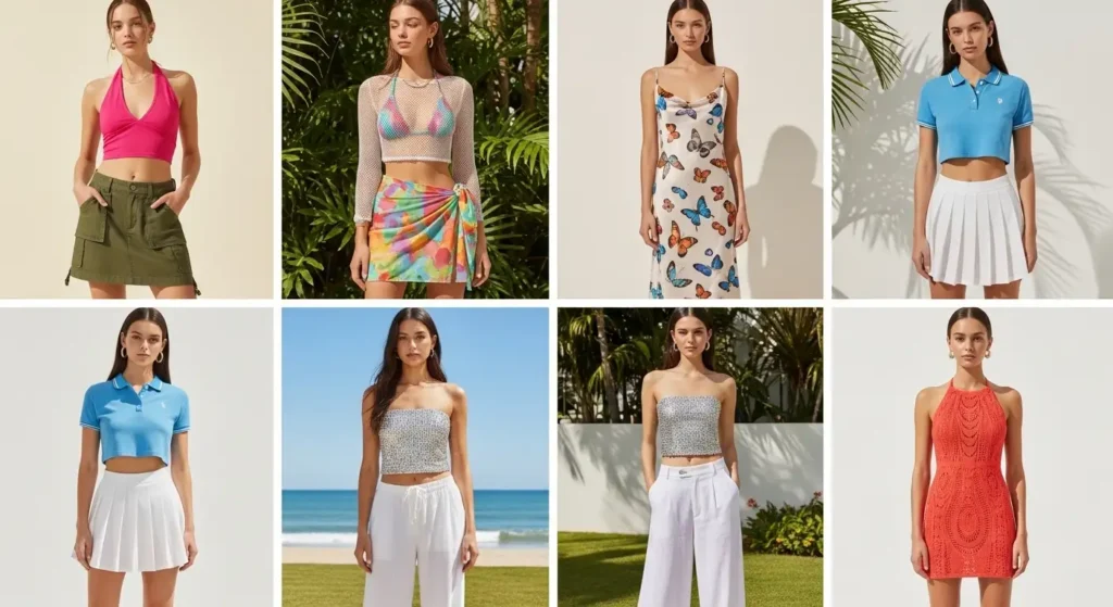 Tropical Y2K Outfit Ideas collage featuring eight summer looks with bold prints and crop tops.