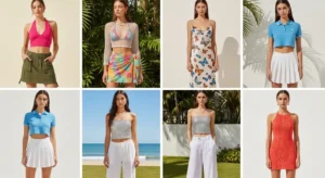 Tropical Y2K Outfit Ideas collage featuring eight summer looks with bold prints and crop tops.