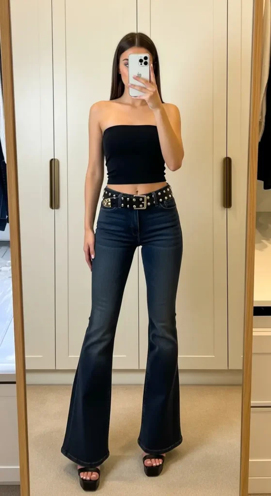 Tube top and flare jeans for vintage Early 2000s Outfit Ideas.